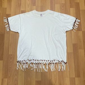 Vintage Jerzees 50/50 White Beaded Fringed Hippie T Shirt Adult XL Made in USA